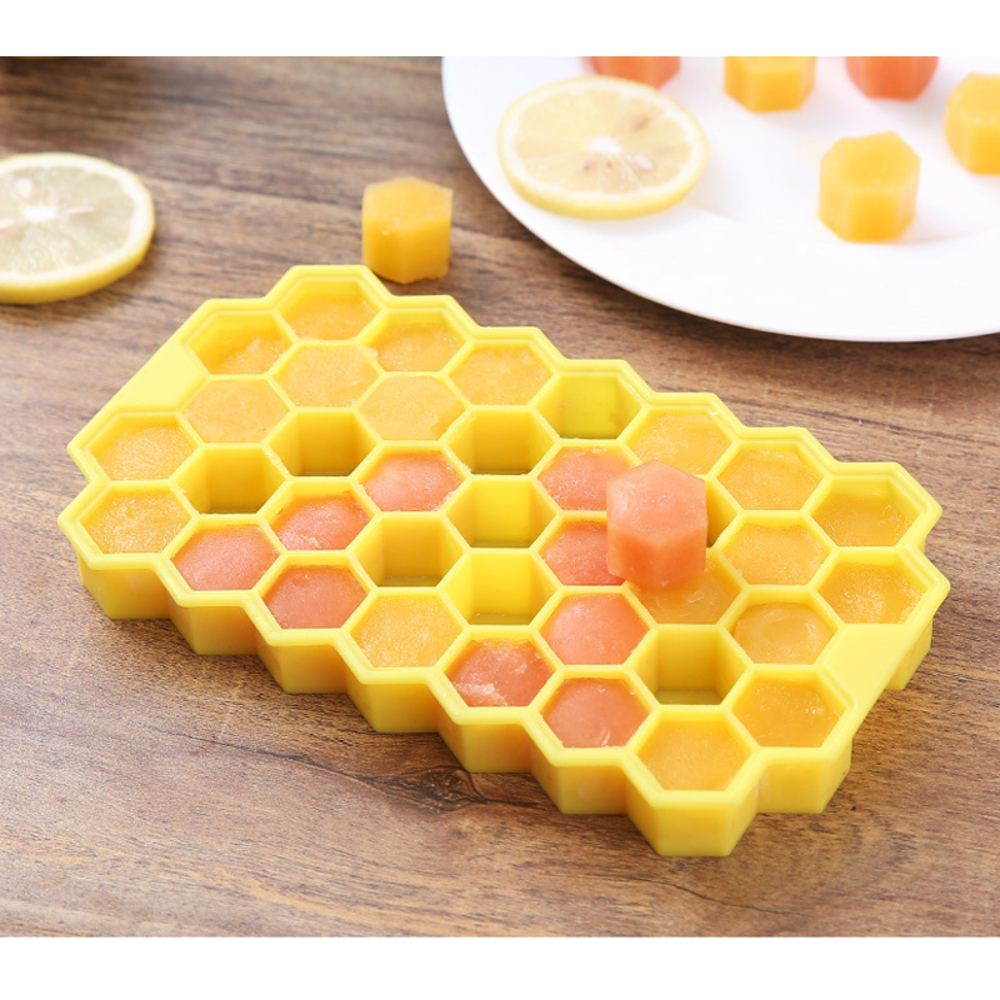 製氷皿 六角形 アイスキューブトレイ 蓋つき お菓子作り シャーベット 夏 ハニカム構造 可愛い シリコンモールド | 黄色