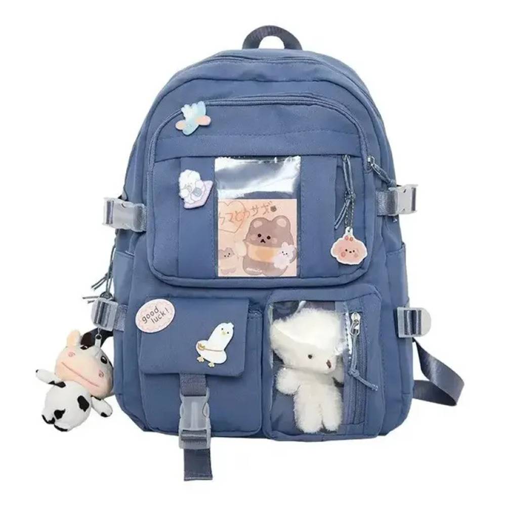 リュックサック 推し活 リュック ポケット付き ぬいぐるみ付き 韓国風 バックパック レディース 通学   ブルー - 画像1