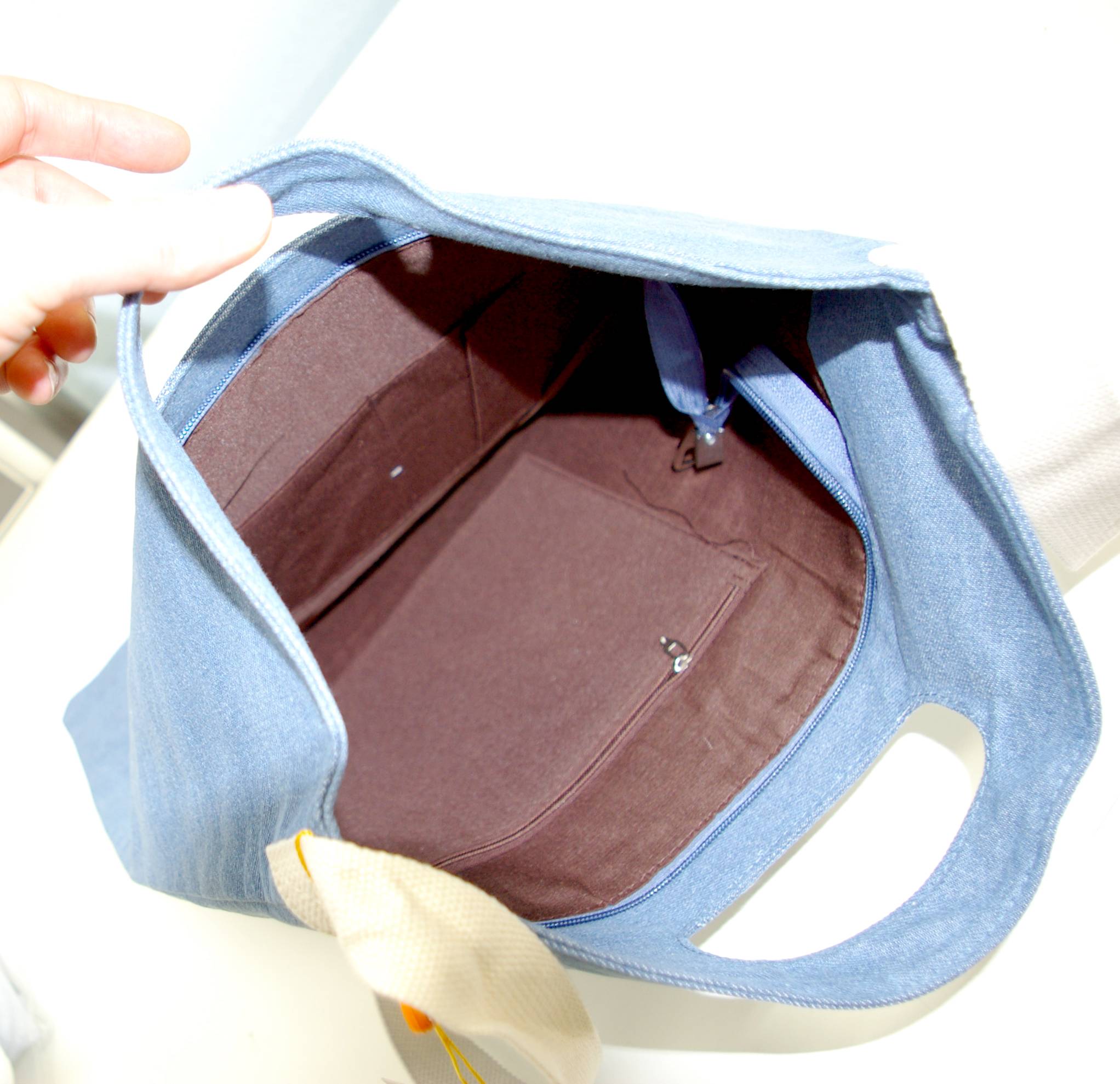 ショルダー 手提げ 両用 キャンバス バッグ エコバッグ 英字テキスト柄 デニム  黒-黄文字 - 画像3