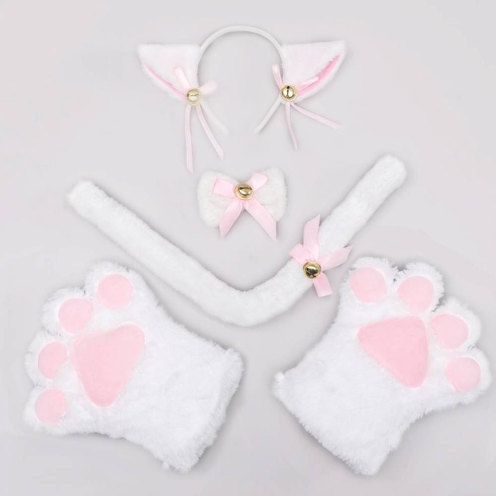猫 なりきりセット レディース かわいい コスプレ イベント 衣装 手袋 リボン 猫耳  しっぽ 白 - 画像1