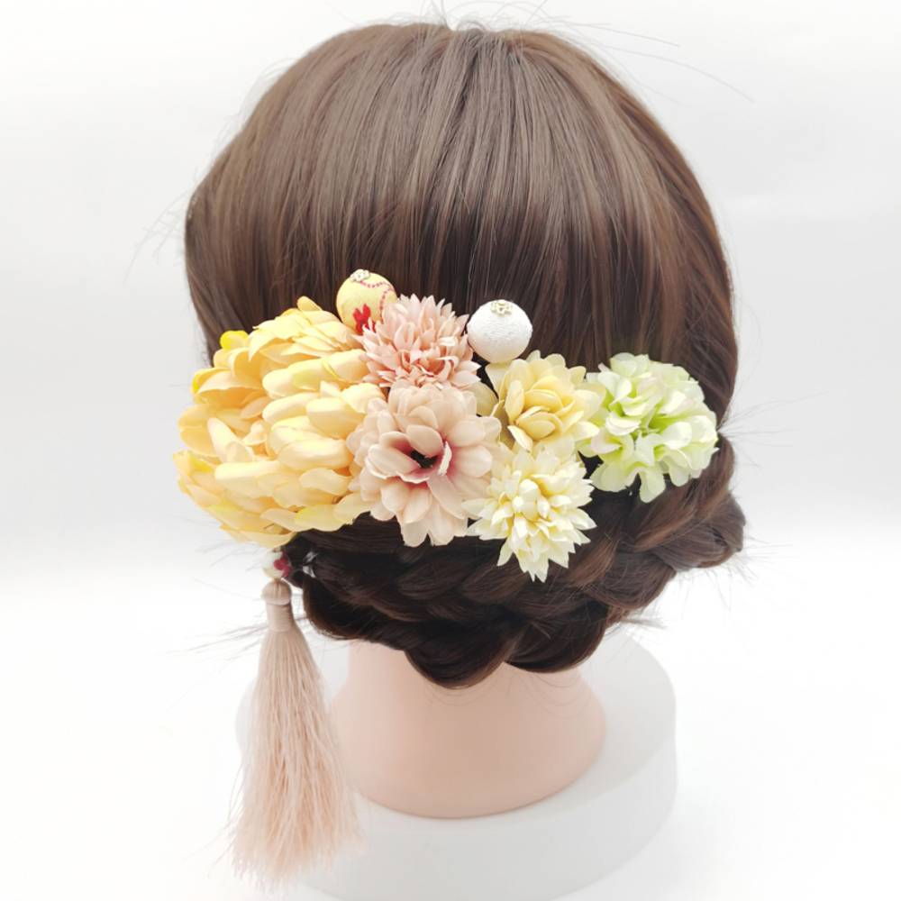 髪飾り タッセル 丸菊 かんざし 豪華 9点セット 振袖 成人式 卒業式 祭り 着物 袴 浴衣   黄