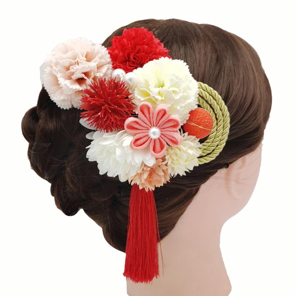 髪飾り ダリア 丸菊 振袖 ヘアアクセサリー タッセル 成人式 卒業式 お正月 着物 袴 浴衣 和服  赤