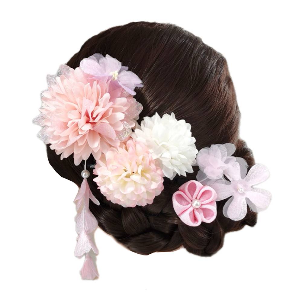 誕生日 卒業式 入学式 4点セット 着物 成人式 浴衣 初詣 記念写真 髪飾り 振袖 和  ピンク