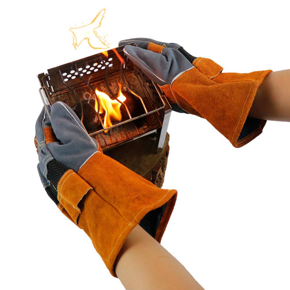 焚き火 耐熱 グローブ 作業  牛革 手袋 キャンプ バーベキュー アウトドア 安全 青×オレンジ - 画像2