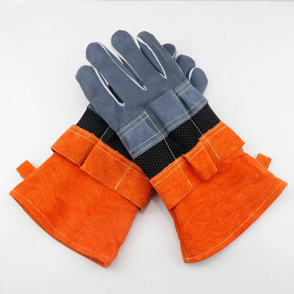 焚き火 耐熱 グローブ 作業  牛革 手袋 キャンプ バーベキュー アウトドア 安全 青×オレンジ - 画像4