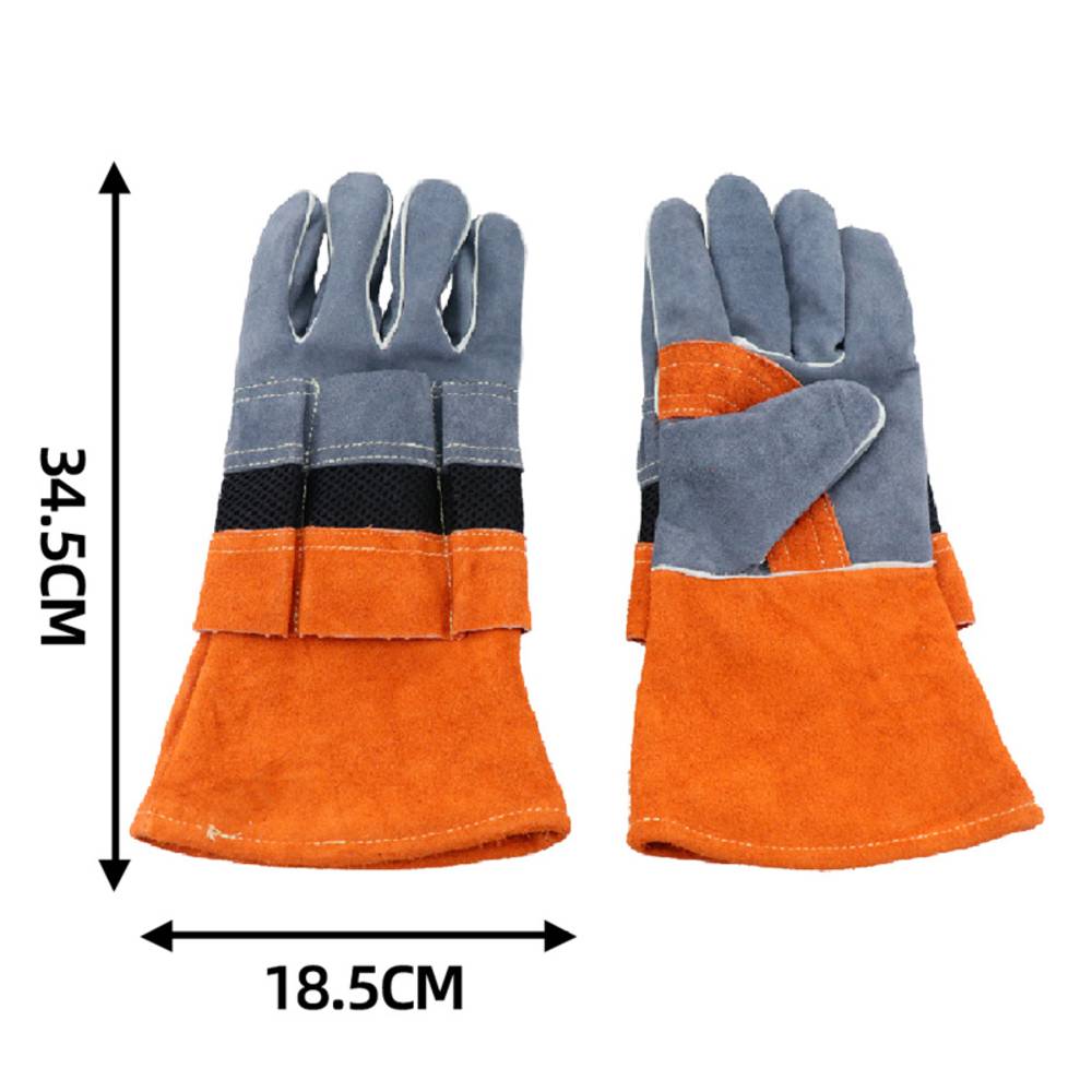 焚き火 耐熱 グローブ 作業  牛革 手袋 キャンプ バーベキュー アウトドア 安全 青×オレンジ - 画像5