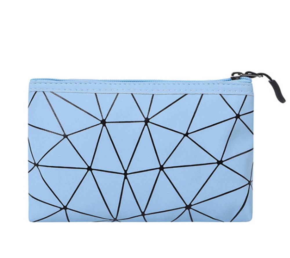 ポーチ 小物入れ おしゃれ 幾何学模様 ブルー PUレザー 軽量 薄型 フラットポーチ   ブルー