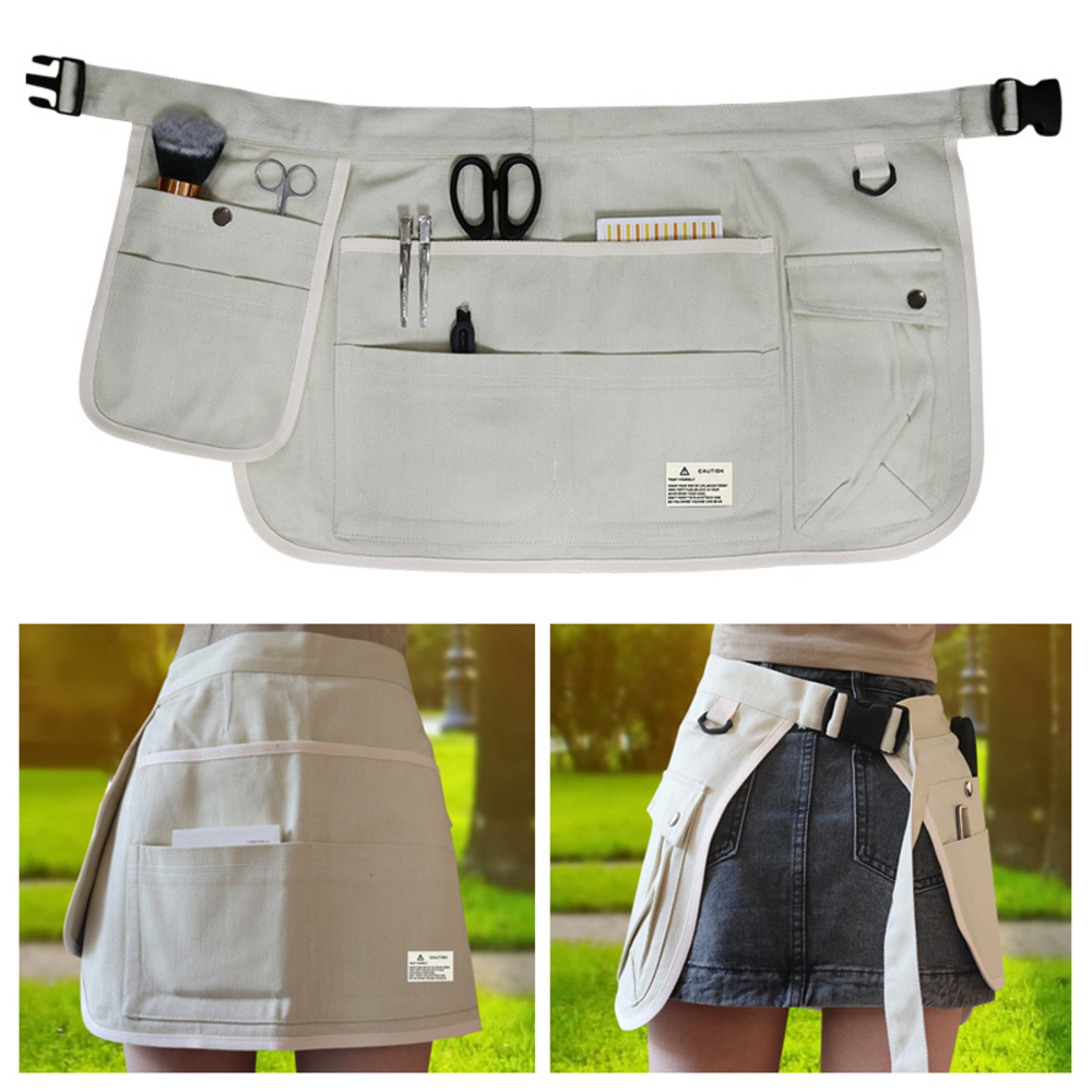 エプロン ショート丈 工具 収納 ヘアサロン 美容師 作業エプロン ガーデニング 小道具入れ 白