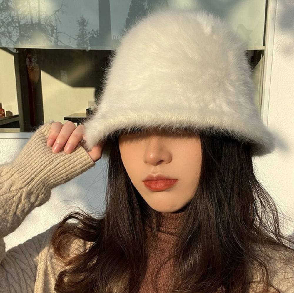 帽子 起毛ボウ 無地柄 クローシュハット バケットハ  アイボリーホワイト - 画像1