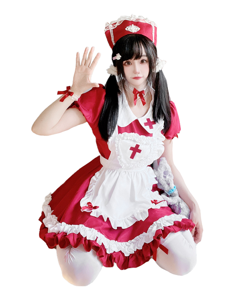 ハロウィン 仮装 大人 女性 ナース メイド服 コスプレ 衣装 十字架 フリル ロリータ シスター  赤