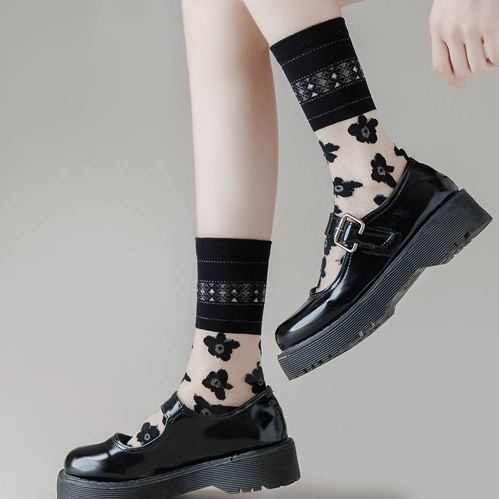 レディース おしゃれ 可愛い レース 花柄 ショート丈 靴下 ソックス フリル   ブラック - 画像1