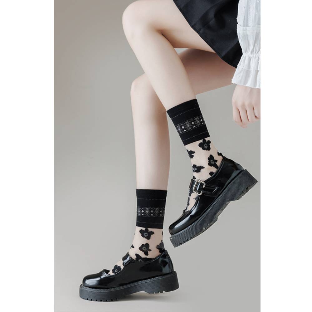 レディース おしゃれ 可愛い レース 花柄 ショート丈 靴下 ソックス フリル   ブラック - 画像3