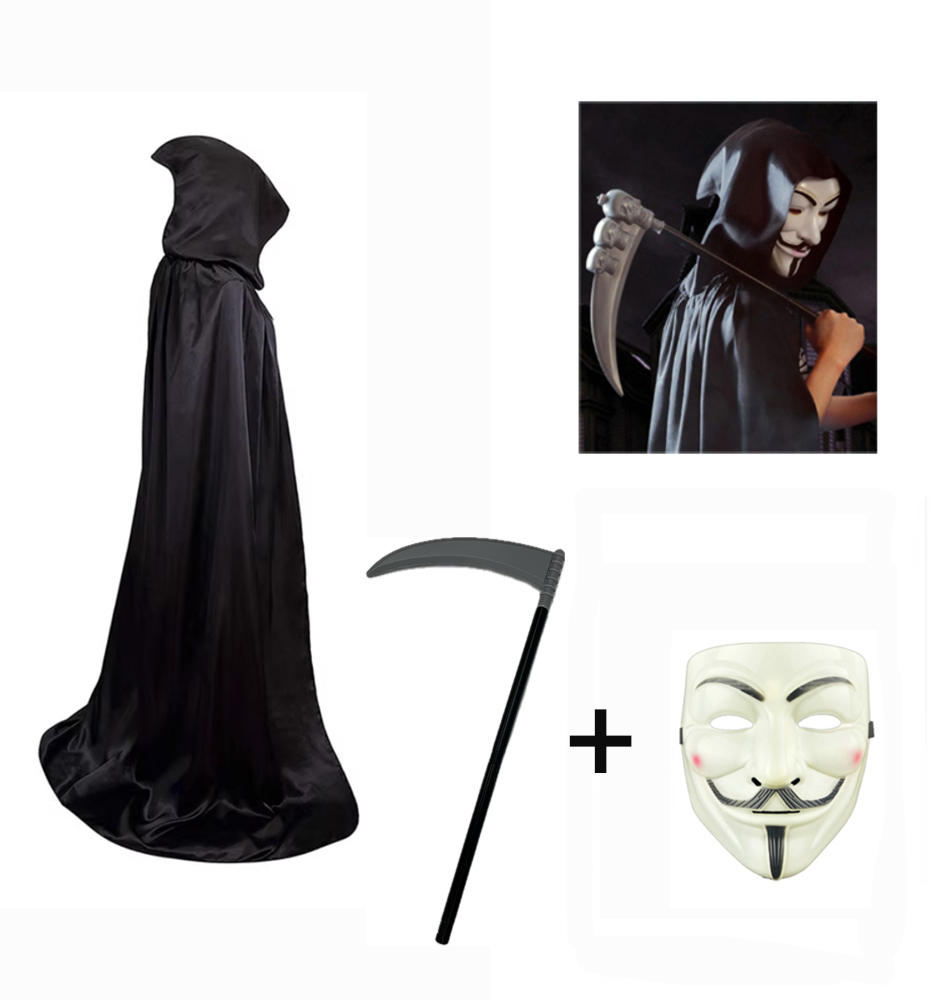 ハロウィン 死神 鎌 コスプレ 衣装 アノニマス マスク ローブ フード 魔術師 カルト 中世 司祭  150cm