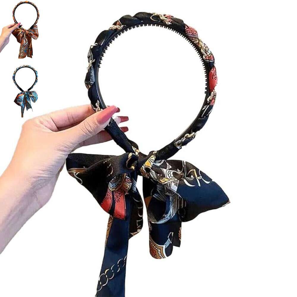 スカーフ式カチューシャ 三つ編み リボン ヘアバンド シュシュ ヘアアクセサリー   ブラック