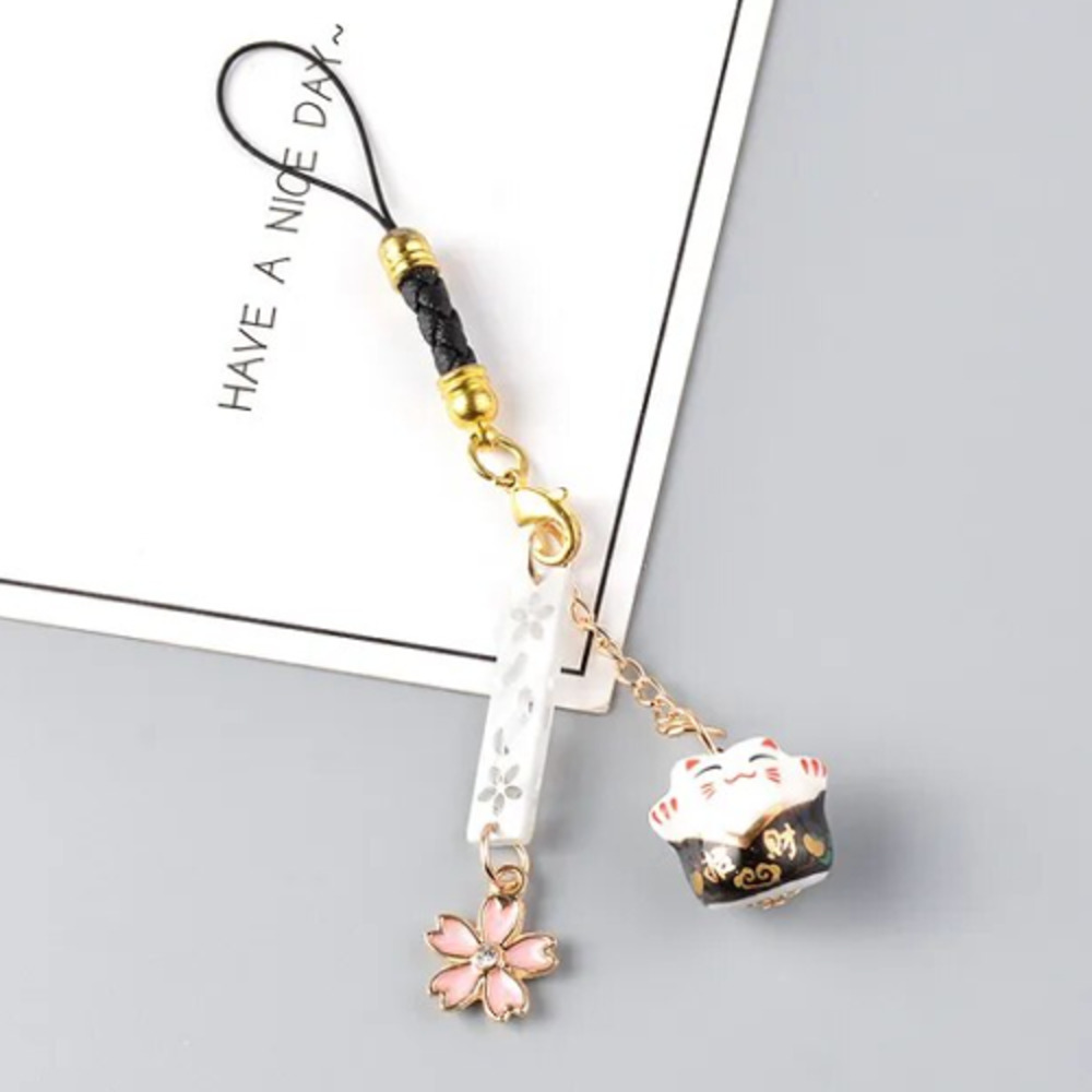 招き猫 スマートフォンストラップ iPhoneストラップ さくら 桜 猫 キーホル ブラック