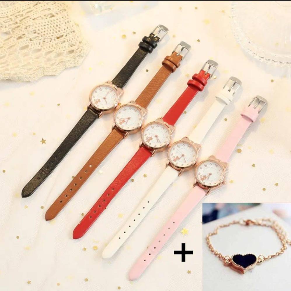 レディース 子供 アナログ 腕時計 猫 デザイン 女の子 キッズ プレゼント ブラックセット