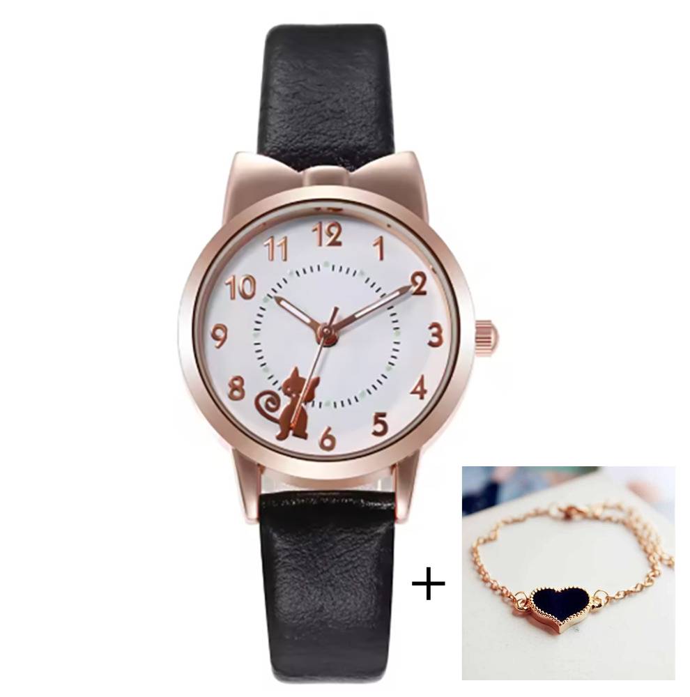 レディース 子供 アナログ 腕時計 猫 デザイン 女の子 キッズ プレゼント ブラックセット - 画像1
