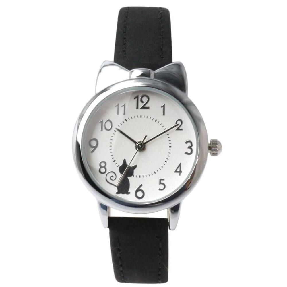 レディース 腕時計 子供 アナログ 猫 猫耳 ファッション クウォーツ ブラックシルバーセット