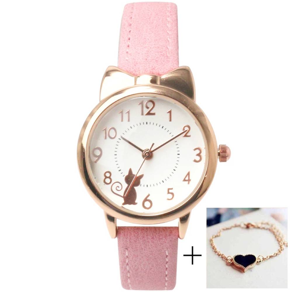 子供用腕時計 女の子 キッズウォッチ こども 猫耳 ネコ クォーツ カジュアル レザー   ピンク