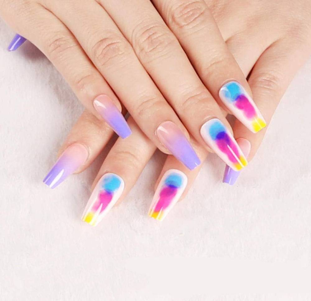 ネイルチップ パープル グラデーション レインボー ロング スクエア ギャル フェス 推し活 11 - 画像1