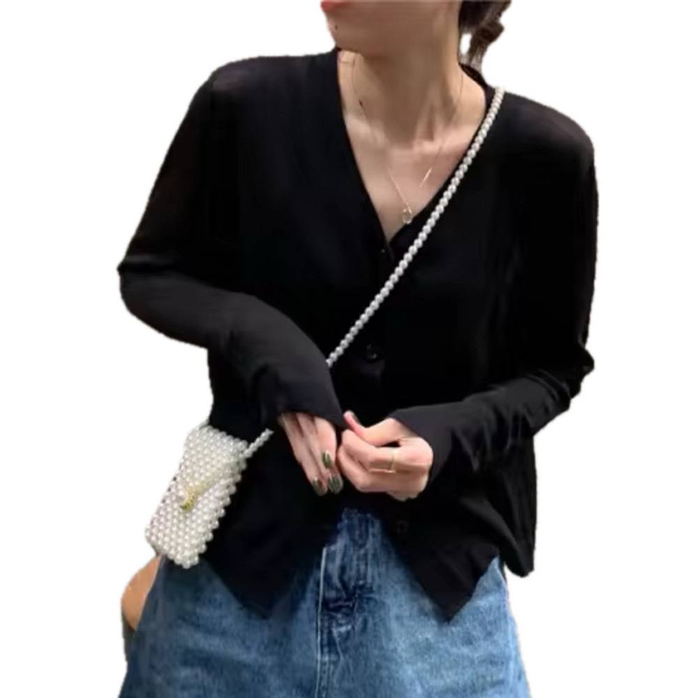 レディース サマーニット セーター Vネック カーディガン 日焼け止め シアー  ブラック