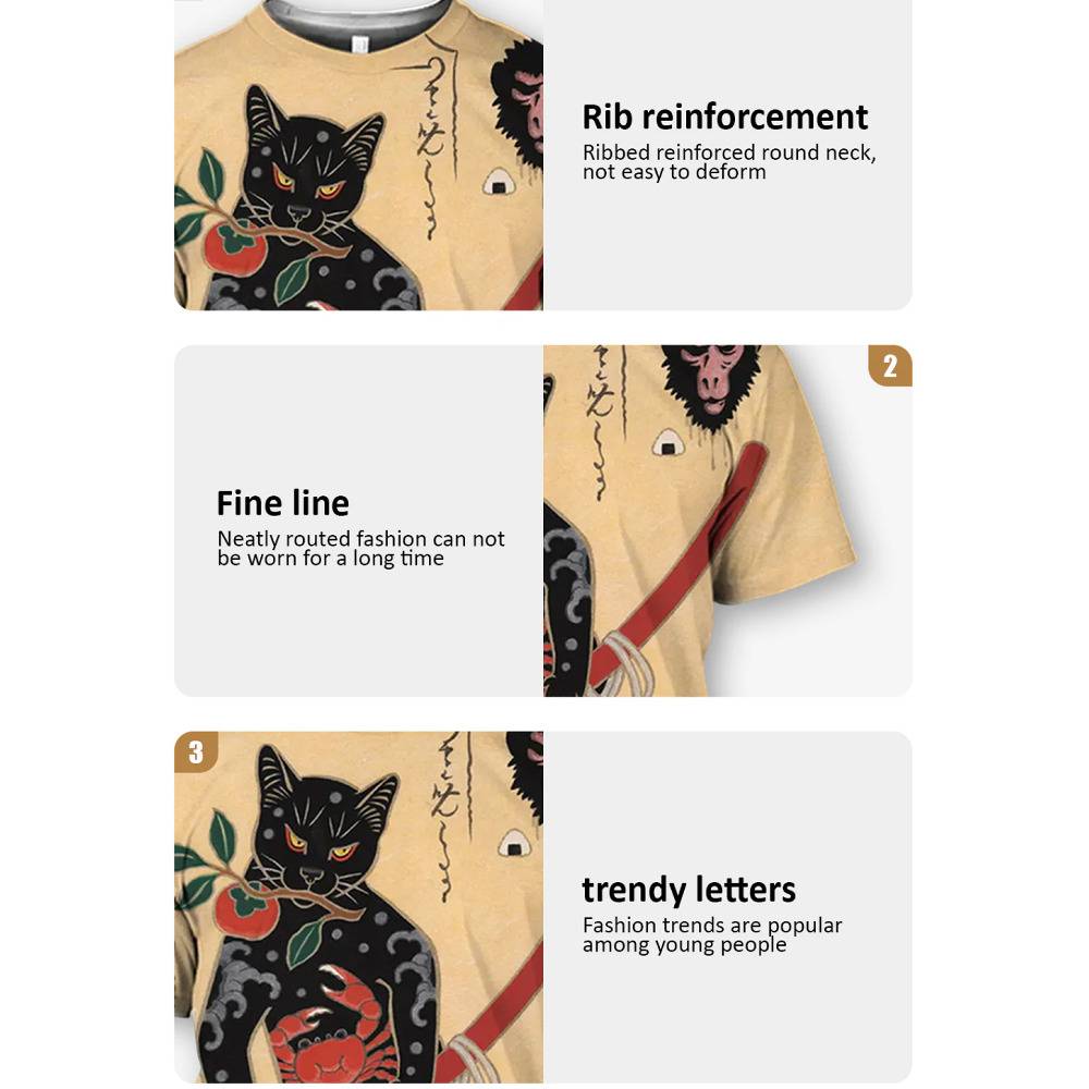 武士 猫侍 3Dプリント Tシャツ メンズ 半袖 冷感 和風 レトロ 和柄 浮世絵 猫 サムライ  31501 - 画像2