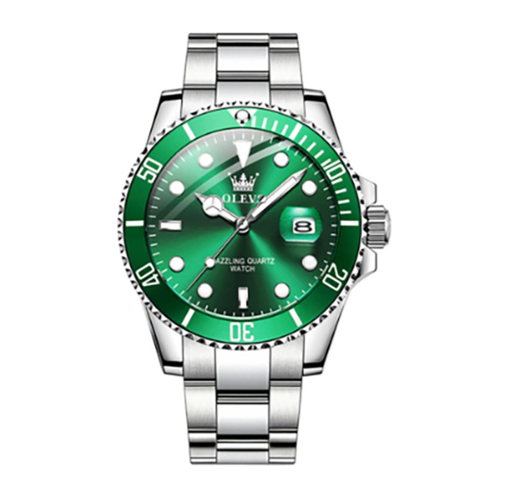 メンズ 腕時計 ウォッチ 防水 カレンダー 高級 オフィス 頑丈 おしゃれ スタイリッシュ 緑銀