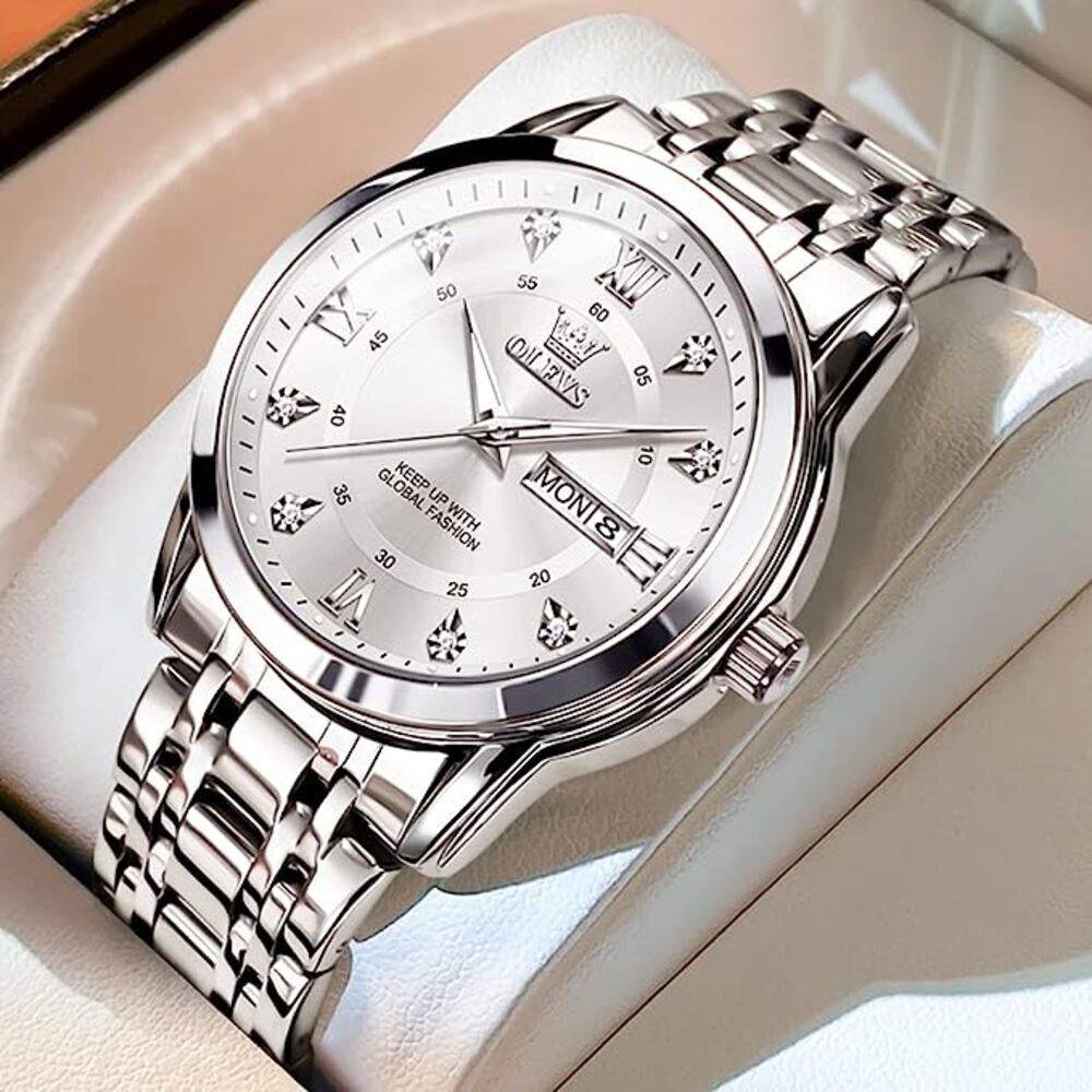 OLEVS 腕時計 メンズ 男性用 シルバー 人気 クォーツ カレンダー 防水 ブランド ステ  silver