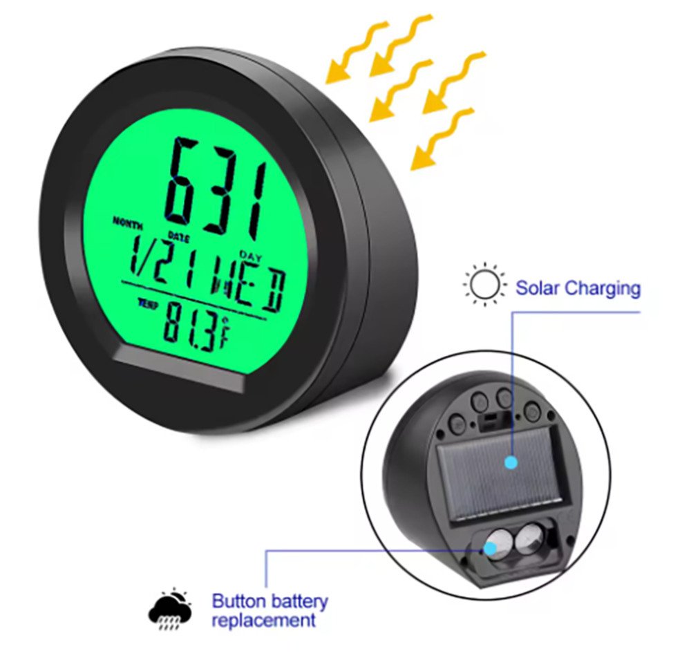 ソーラー充電 デジタルクロック 温度計付き 多機能 卓上時計 車用 カレンダー ボタン電池併用 緑