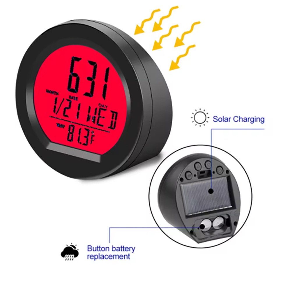 ソーラー充電 デジタルクロック 温度計付き 多機能 卓上時計 車用  カレンダーボタン電池併用 赤