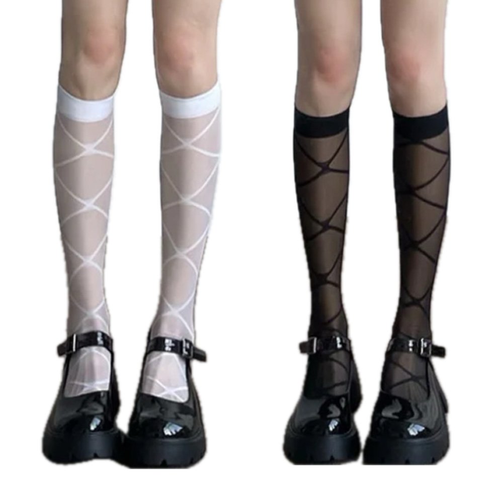 シースルー ハイソックス ひし形 ダイヤ柄 ロリータ 地雷系 白黒 ペア セット ひし形