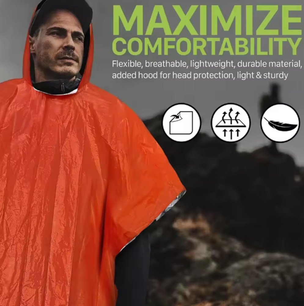 緊急 雨 ポンチョ フード レインコート キャンプ ハイキング サバイバル 防水 トラベルギア オレンジ