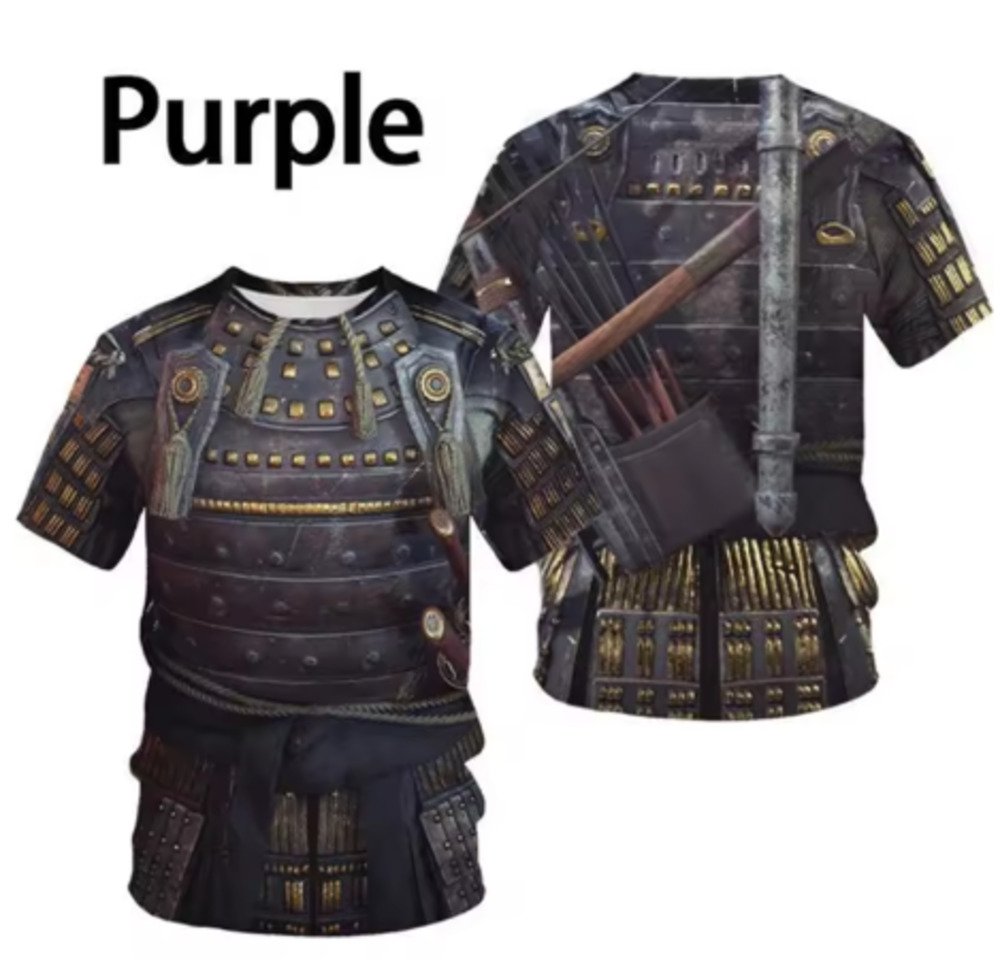 侍 鎧風 Tシャツ メンズ 半袖 戦国武将 甲冑デザイン 3Dプリント サムライ風 コスプレ 紫