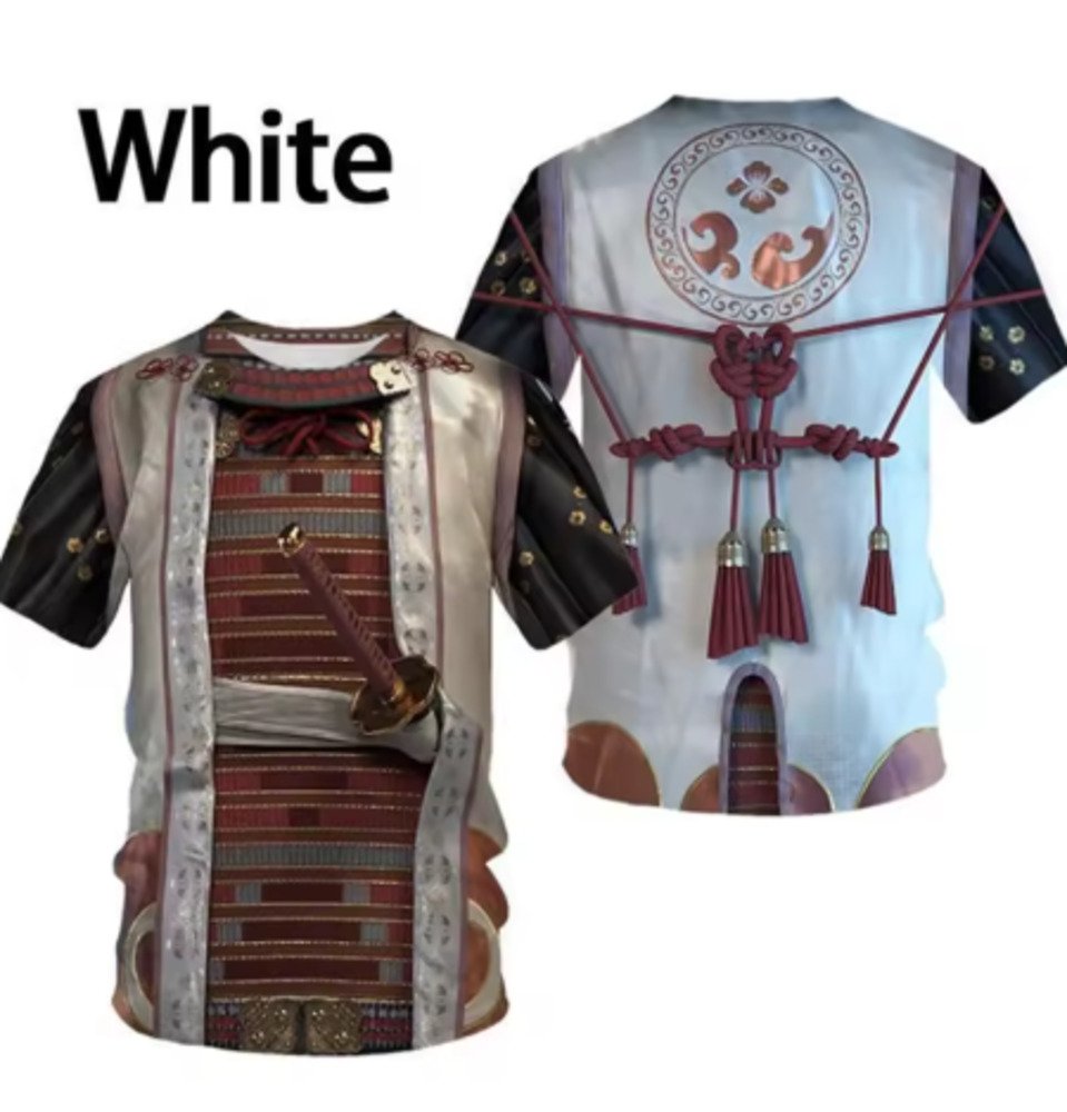 侍 鎧風 Tシャツ メンズ 半袖 戦国武将 甲冑デザイン 3Dプリント サムライ風 コスプレ 白