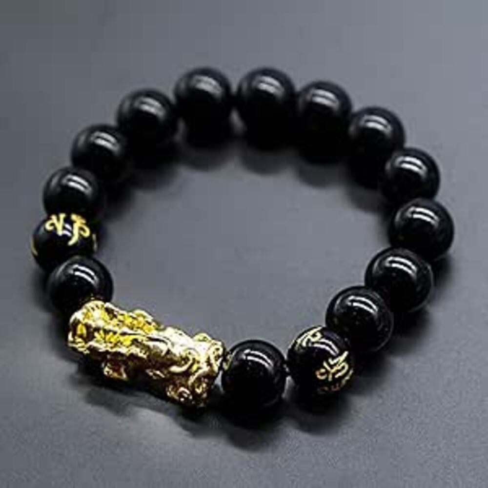 ブレスレット 風水 ブラック オニキス 黒曜石 フォーチュン 男女兼用 チャクラ 瞑想 ギフト プ  10mm
