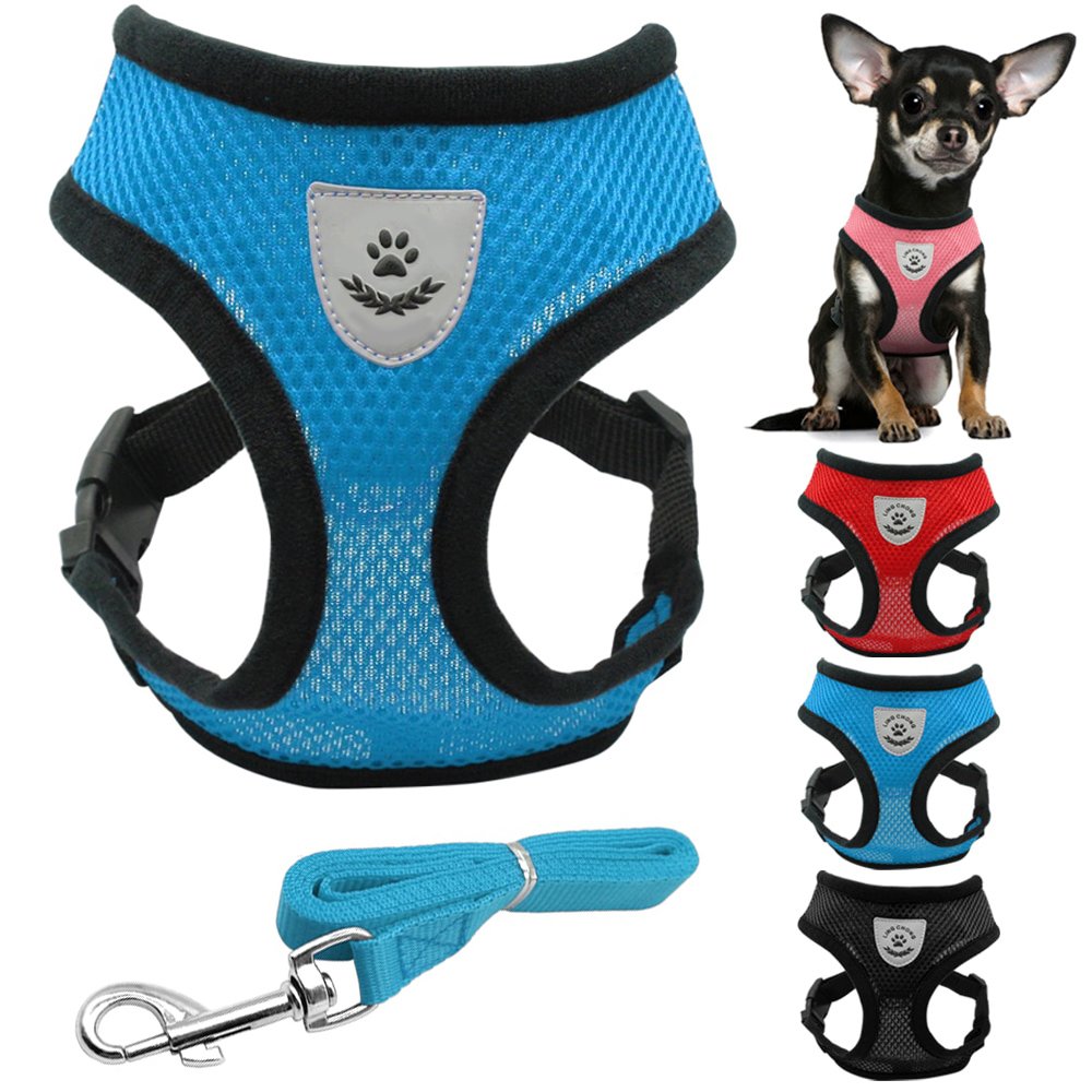 ハーネス ペット 犬 猫 メッシュ リーシュ 散歩 紐 鎖 小型犬 アクセサリー ドッグ  青S