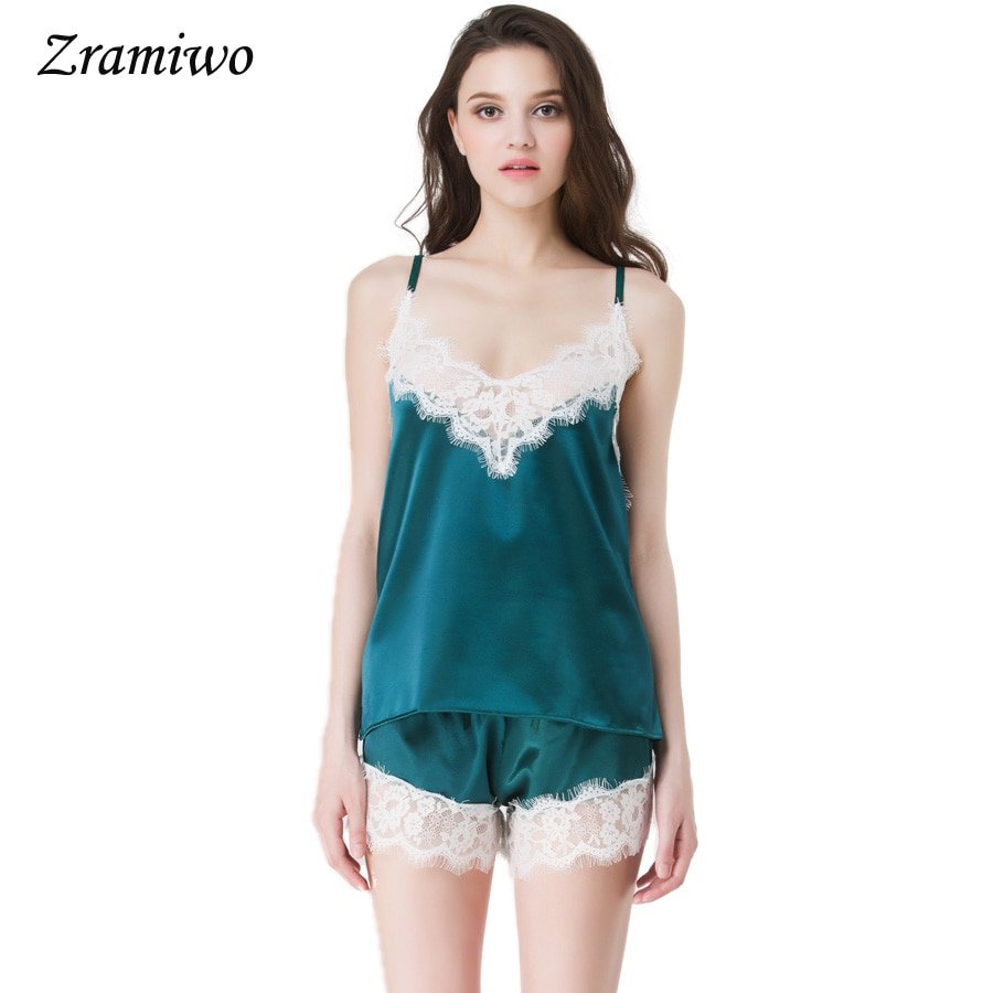 サテン パジャマ ルームウェア レディース レース ショートパンツ 部屋着 セクシー ナイトウェア - 画像2