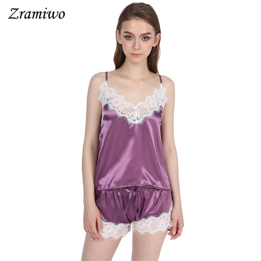 サテン パジャマ ルームウェア レディース レース ショートパンツ 部屋着 セクシー ナイトウェア - 画像4