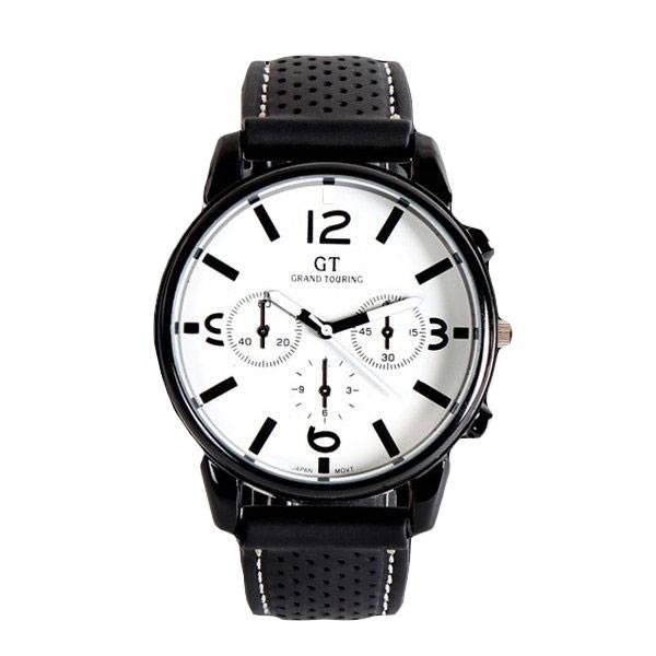 メンズ 腕時計 レーシング アナログ クオーツ ブラックレザー ホワイト スポーツ カジュアル  白