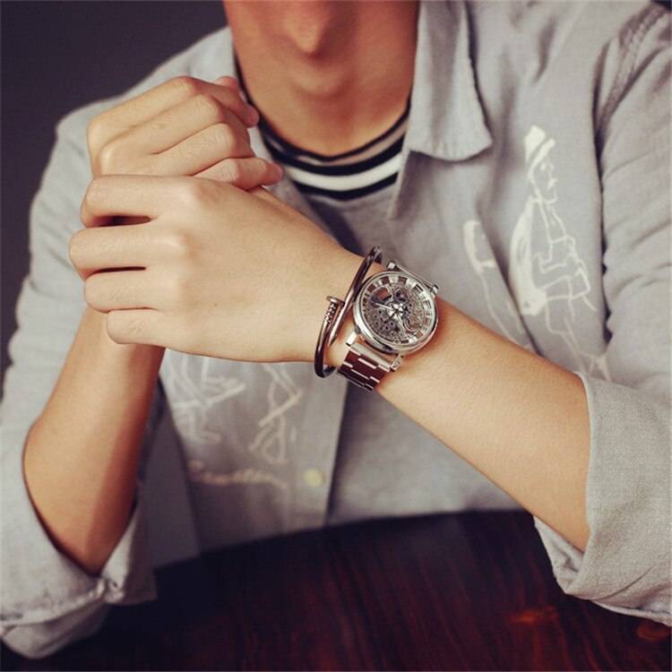 スケルトン 腕時計 メンズ  機械式風 ステンレス 鋼 男性 ビジネス ゴールド 腕時計 スポーツ  - 画像5