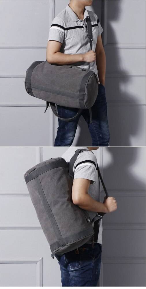 ボストンバッグ メンズ レディース 大容量 丸型 ダッフルバッグ キャンバス 布製 肩掛  グレー - 画像4