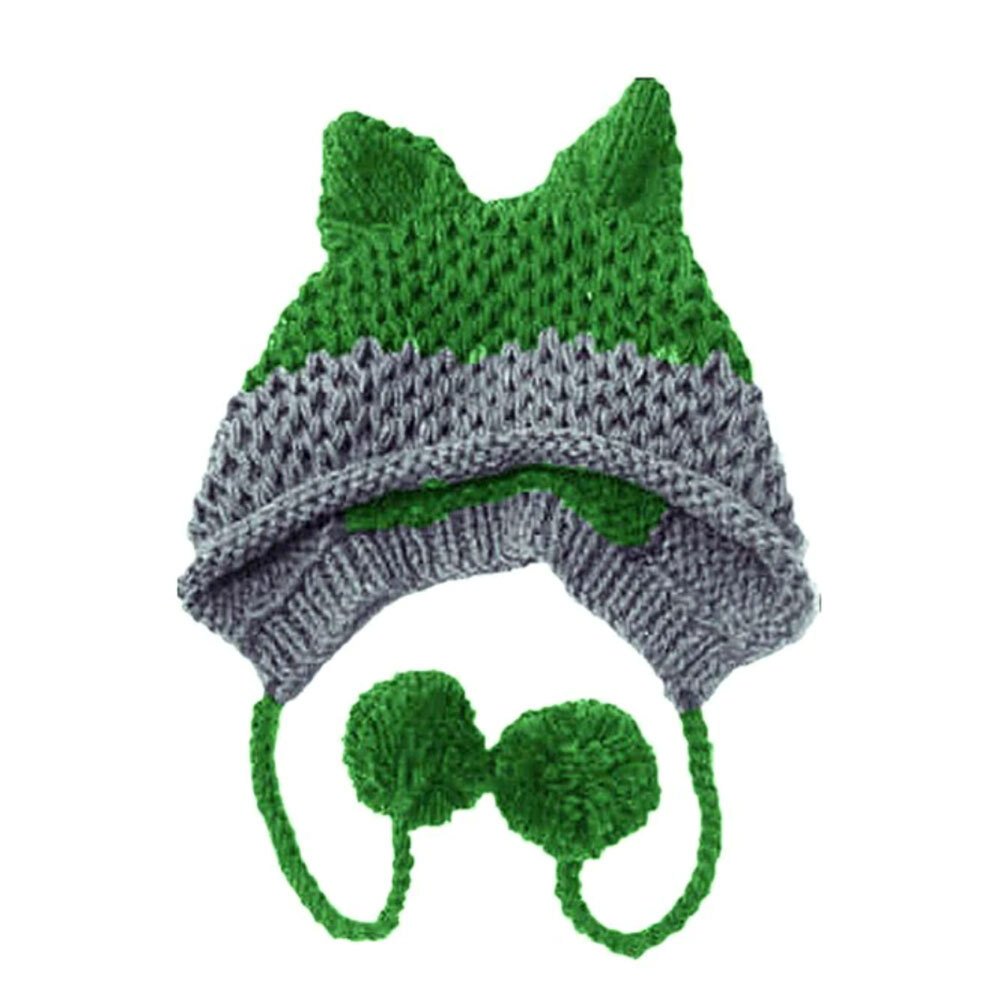 レディース 子供 かわいい ビーニーニットキャップ 暖かい ニット帽  耳付  グリーン グレー