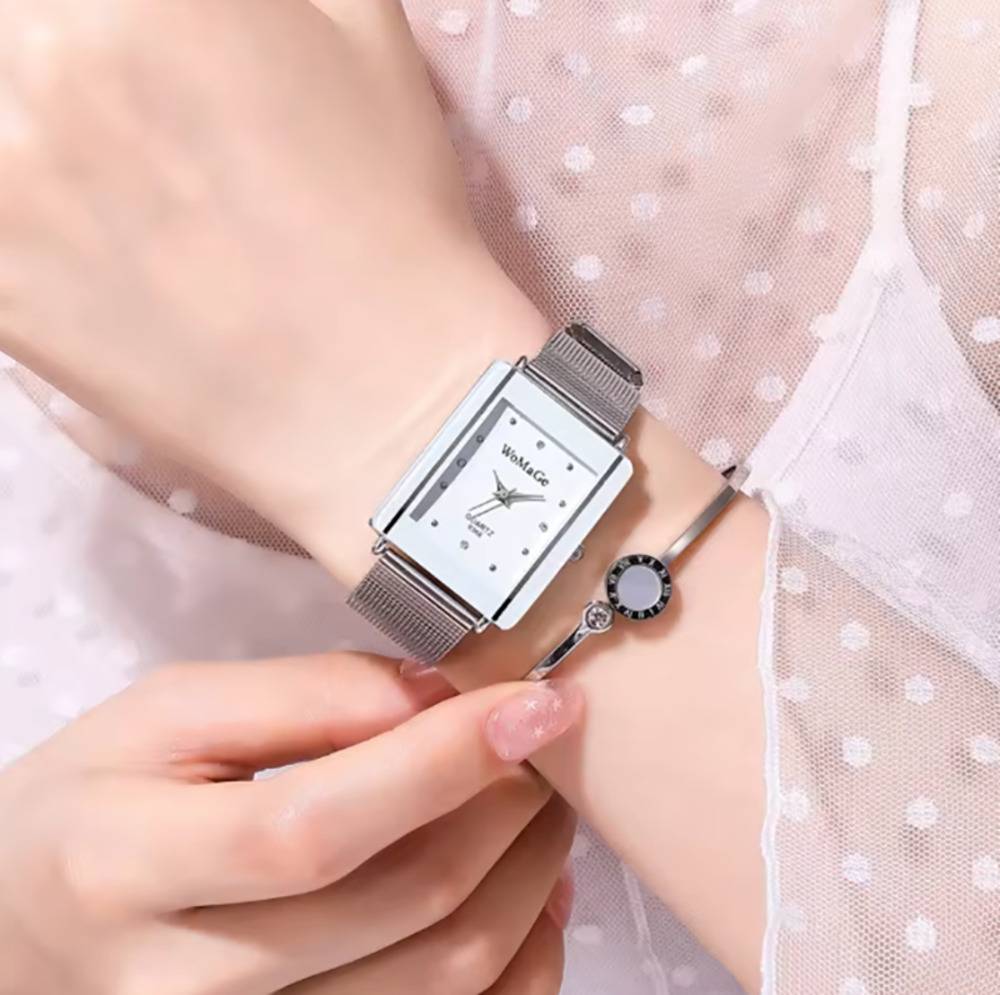 レディース 腕時計 スクエア シルバー ウォッチ クォーツ式 メッシュ  ホワイト - 画像5