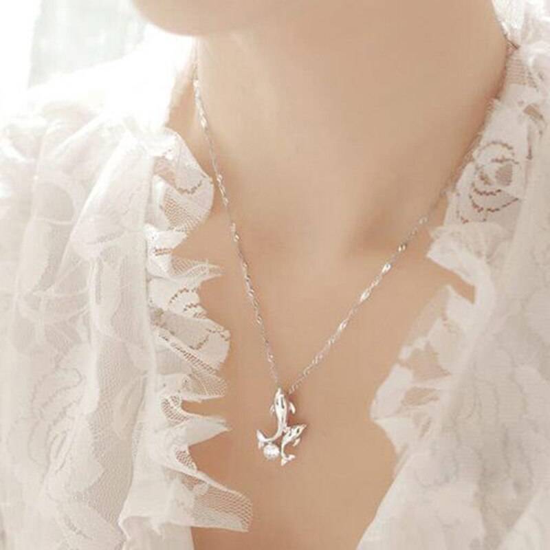 シルバーカラー ラインストーン  ダブルドルフィンペンダントネックレス ラブジュエリー イルカ 誕生日 クリスマス ギフト - 画像2