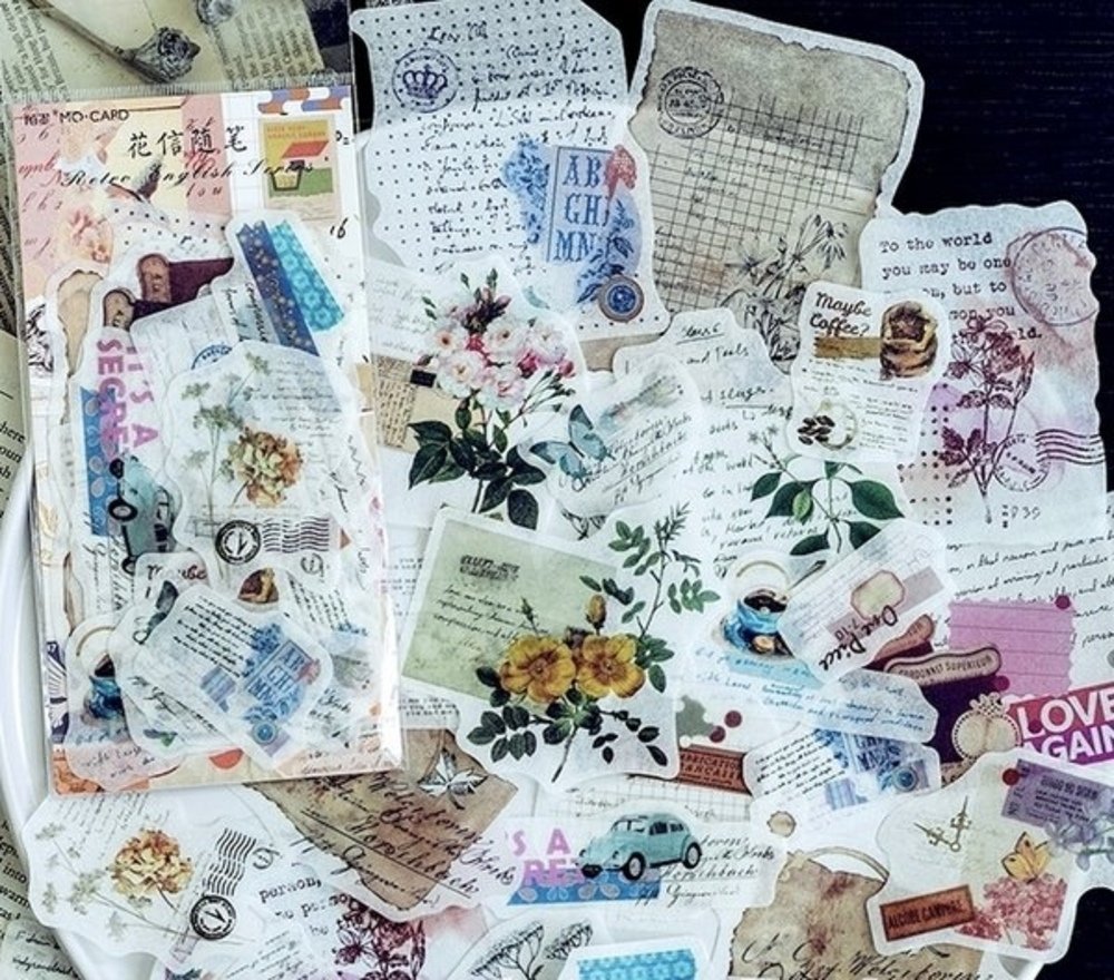 ステッカー シール クラフト ジャンクジャーナル 英字 花柄 アンティーク コラージュ素材