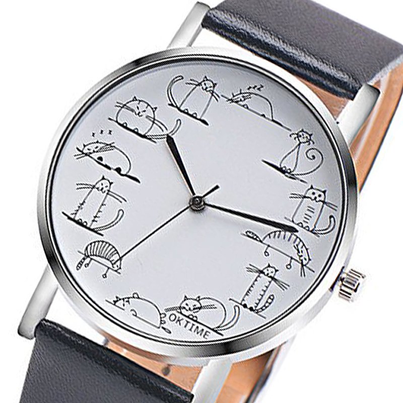 腕時計 猫 ネコ 絵 かわいい レディース カジュアル時計 革バンド  黒