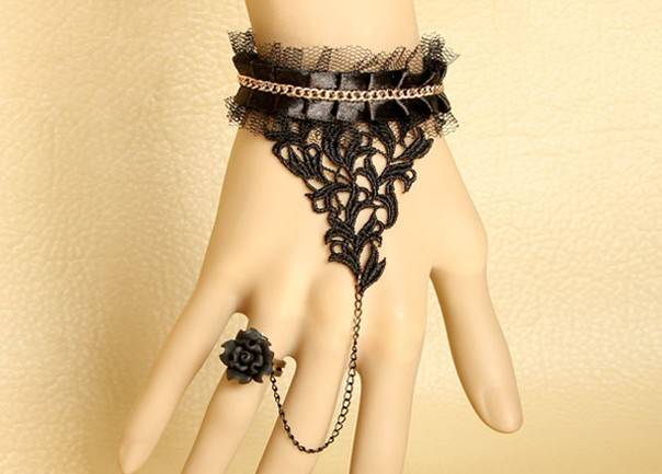 レディース チェーン ブレスレット ブラックレース バラ ゴスロリ スチームパンク ビジュアル系