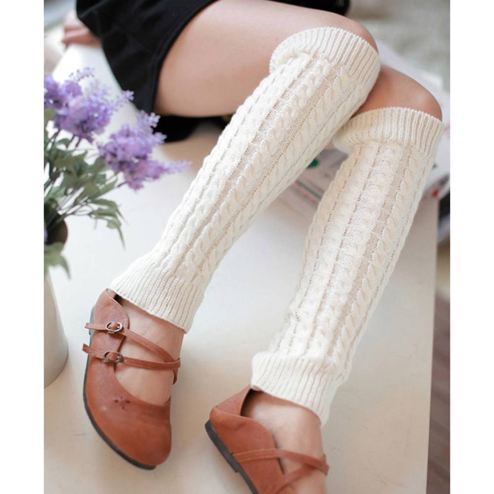 レッグウォーマー ニット ロング丈 ケーブル編み 暖かい 秋冬 可愛い 防寒 冷え  ホワイト