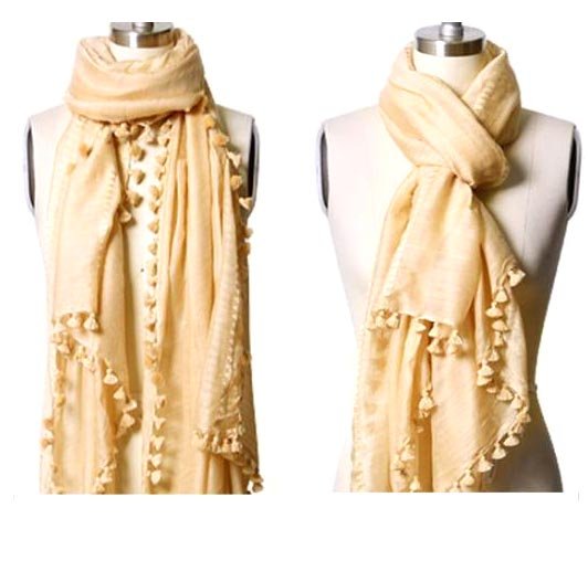 ポンポン 付き ロング ストール マフラー シルク コットン  Moon