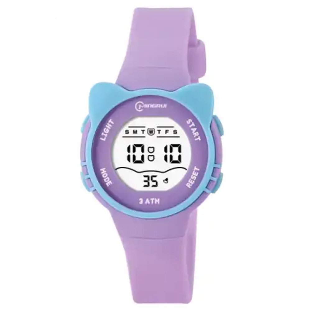 デジタル腕時計 キッズウォッチ 女の子向け 猫耳デザイン ストップウォッチ付き 紫